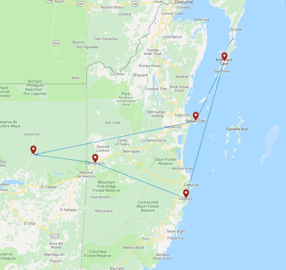 Route kaart van 2-weekse rondreis door Belize