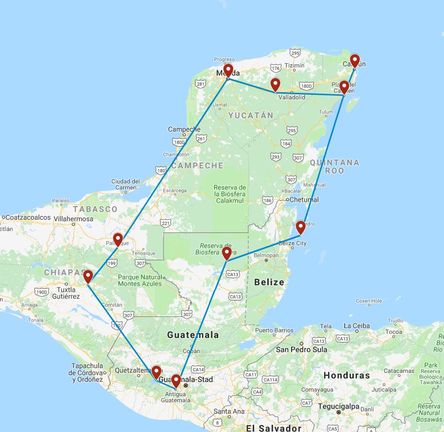 Route kaart van de 20-daagse budget rondreis door Guatemala, Belize en Mexico