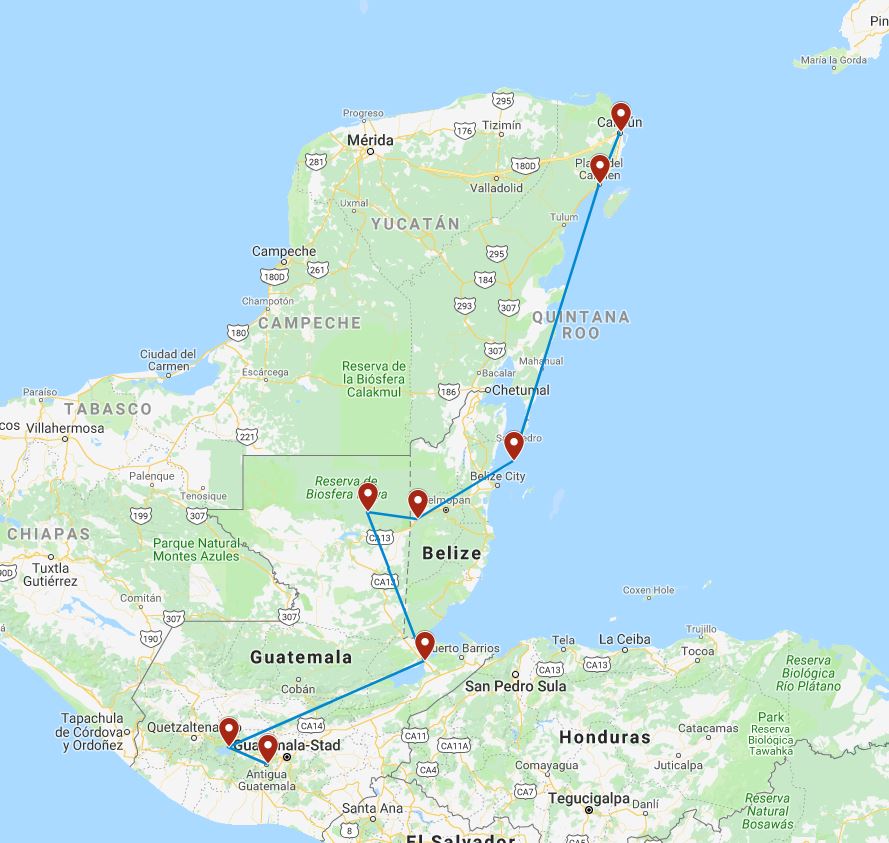 Route kaart van 18-daagse rondreis door Guatemala en Belize