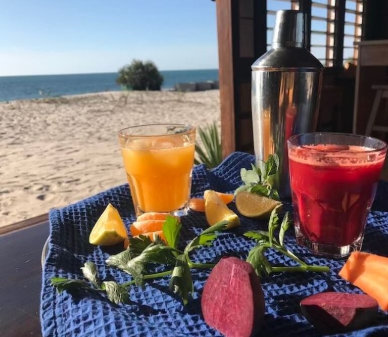 Cocktails op blad met op de achtergrond strand en zee in Madagaskar