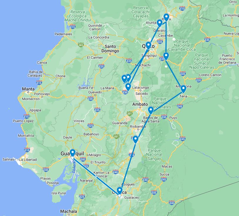 routekaart van de 19 daagse best local rondreis door Ecuador