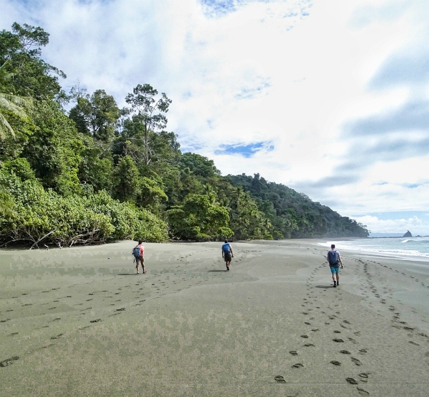 verlaten tropisch strand met drie wandelaars in verte die voetstappen achterlaten