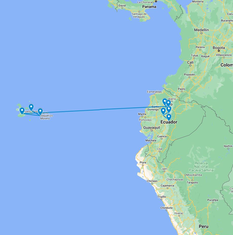 routekaart van de 23 daagse blogger rondreis door Ecuador