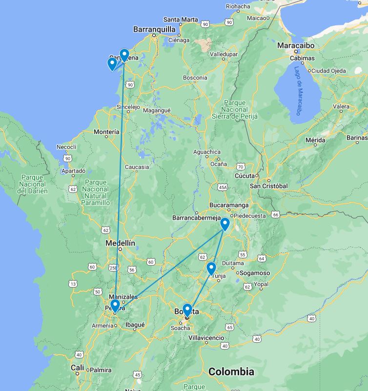 Routekaart van de 15 daagse boutique rondreis door Colombia