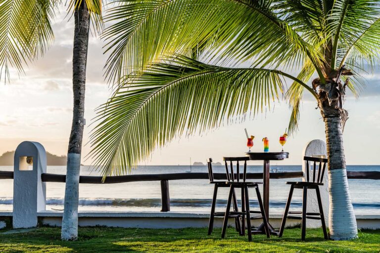 terrasje met cocktails onder palmboom aan zee costa rica