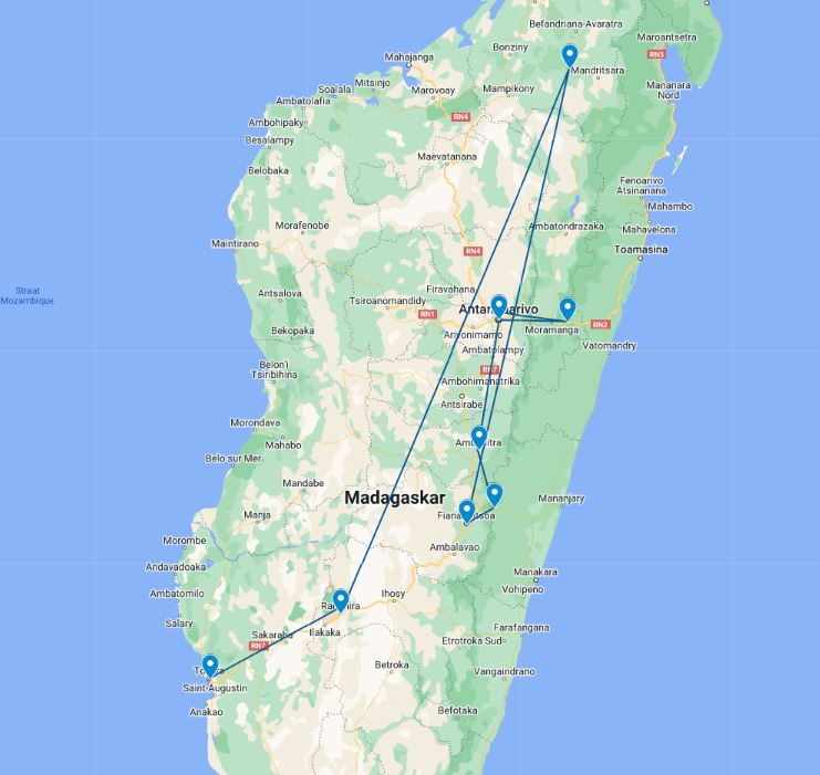 Route kaart van de 24-daagse boetiek rondreis door Madagaskar