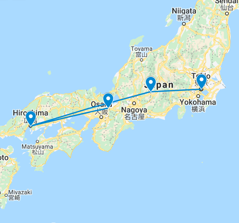 Routekaart van de 14 daagse budget reis door Japan