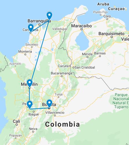 Routekaart van de 16 daagse budget rondreis door Colombia