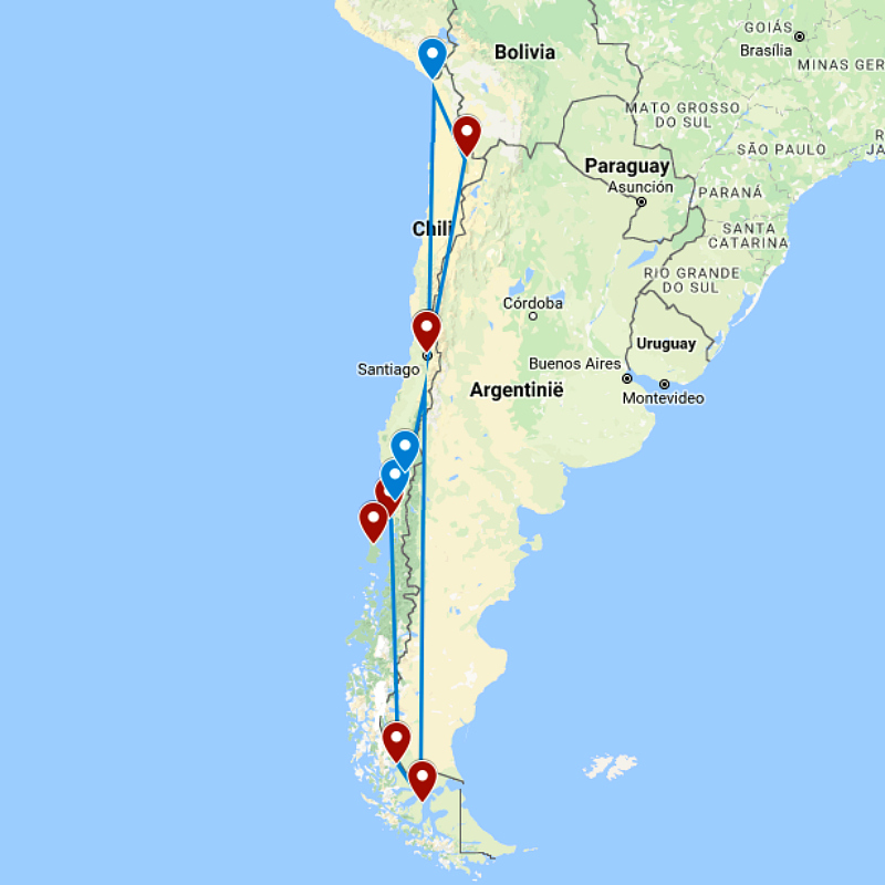 Routekaart van de reis Chili highlights & hidden gems