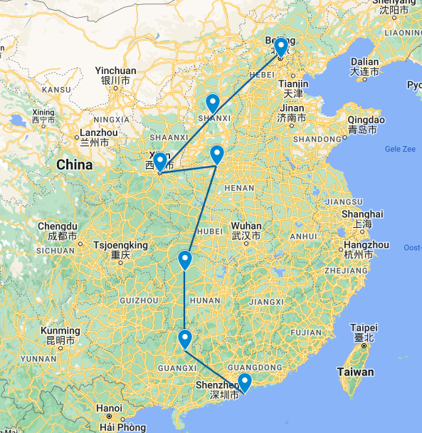 Routekaart van de 19 daagse bloggerrondreis door China