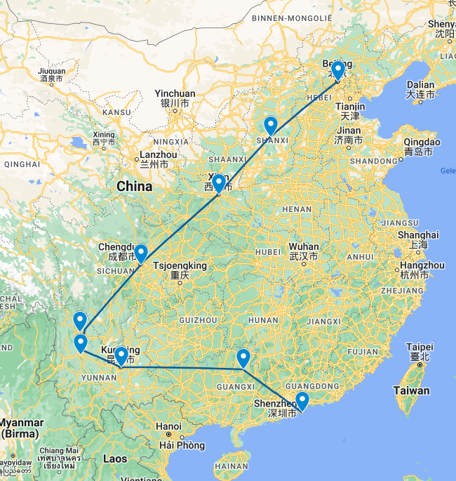 Routekaart van de 3weekse boutique rondreis door China