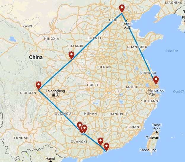Routekaart van de 3 weekse rondreis door China