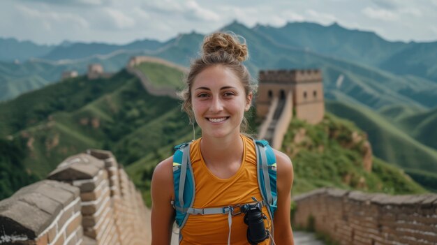reizigster op chinese muur die glimlacht voor de camera