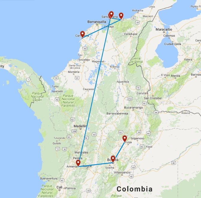 Routekaart van de 16 daagse rondreis door Colombia