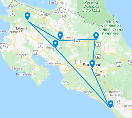 Routekaart van de 16daagse rondreis door Costa Rica