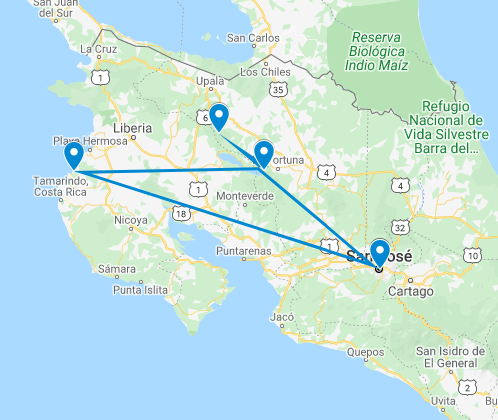 Routekaart van de tweeweekse boutique rondreis door Costa Rica