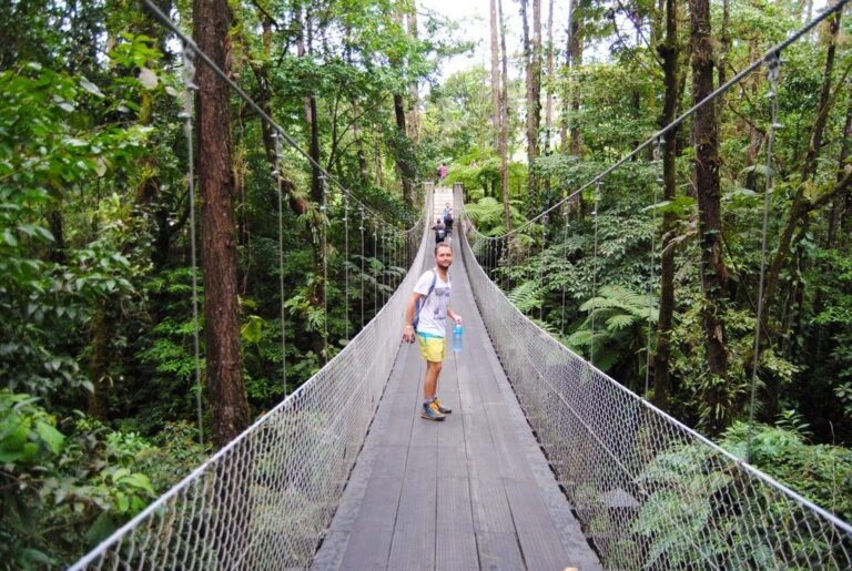 reiziger loopt over houten hangbrug door Monteverde Nevelwoud