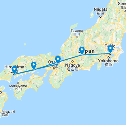 Routekaart van de 14 daagse rondreis door Japan