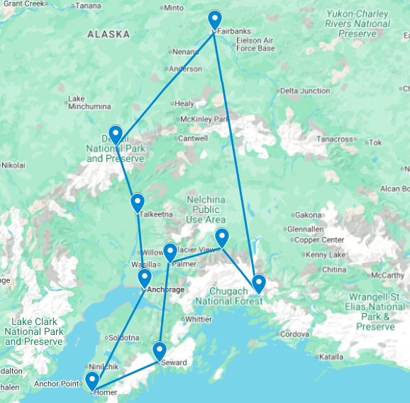 Routekaart van de reis Familiereis Alaska met kinderen