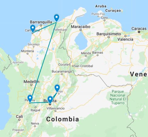 Routekaart van de 16 daagse familierondreis door Colombia