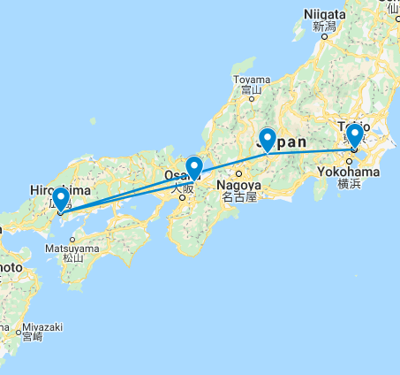 Routekaart van de 11 daagse familie rondreis door Japan