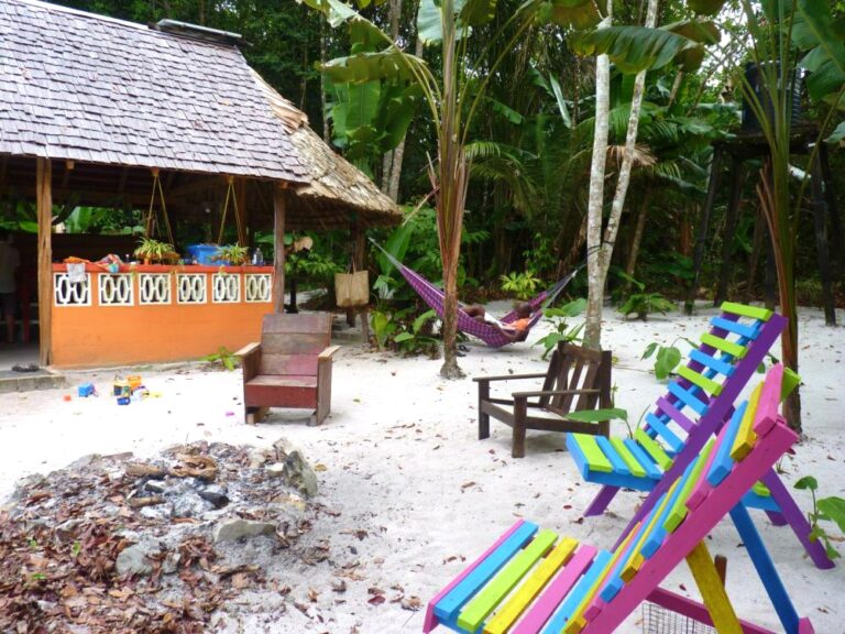 Een rustieke jungle lodge in het district Para in Suriname, compleet met hangmatten en kleurrijke relax stoelen omgeven door groene palmen