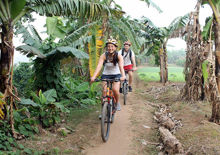 twee fietsers rijden over een paadje langs een aantal bananenplanten