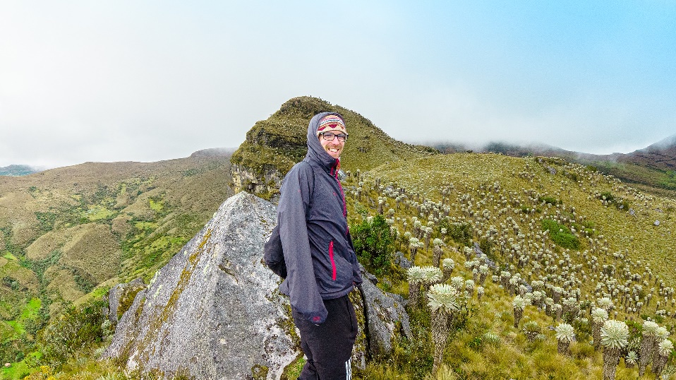 toerist in een natuurgebied met de bijzondere planten frailejones