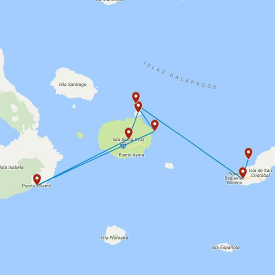 Routekaart van de 10 daagse rondreis door Galapagos