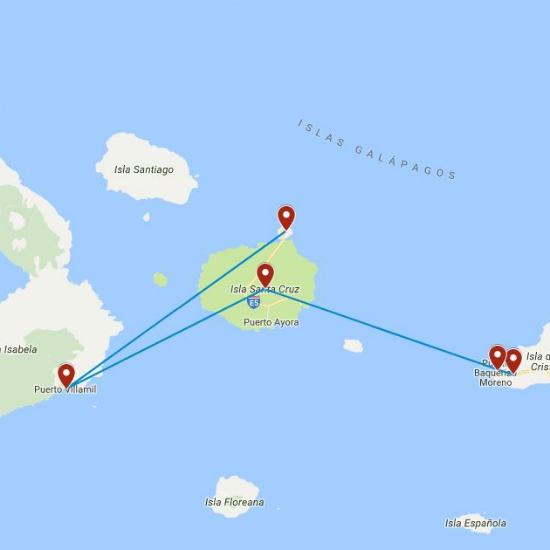 Routekaart van de 6 daagse rondreis door de Galapagos