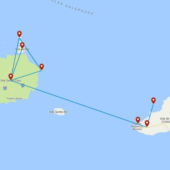 Routekaart van de 5 daagse rondreis door de Galapagos