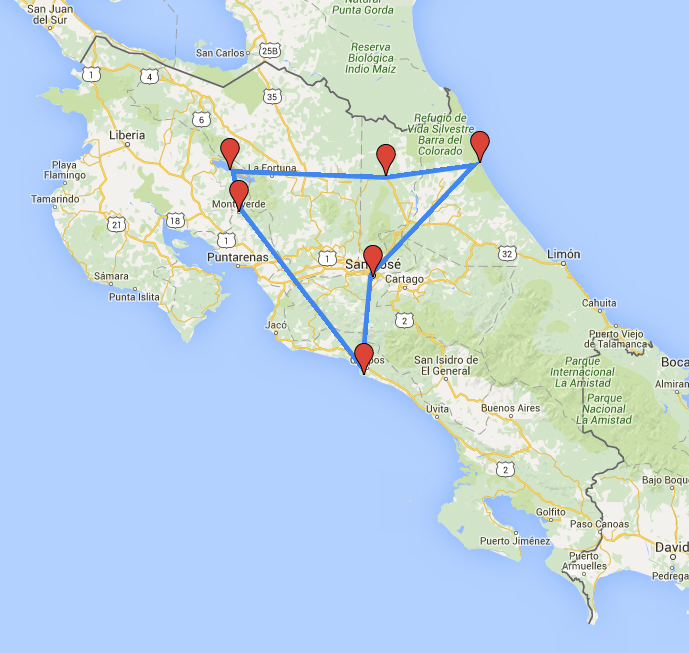 Routekaart van de 18 daagse familierondreis door Costa Rica