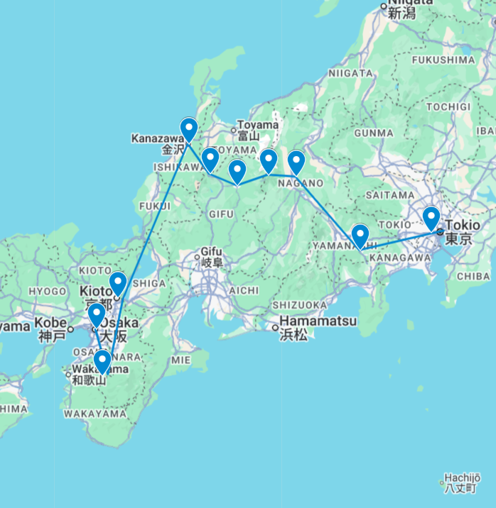 routekaart van de 3 weekse rondreis door Japan