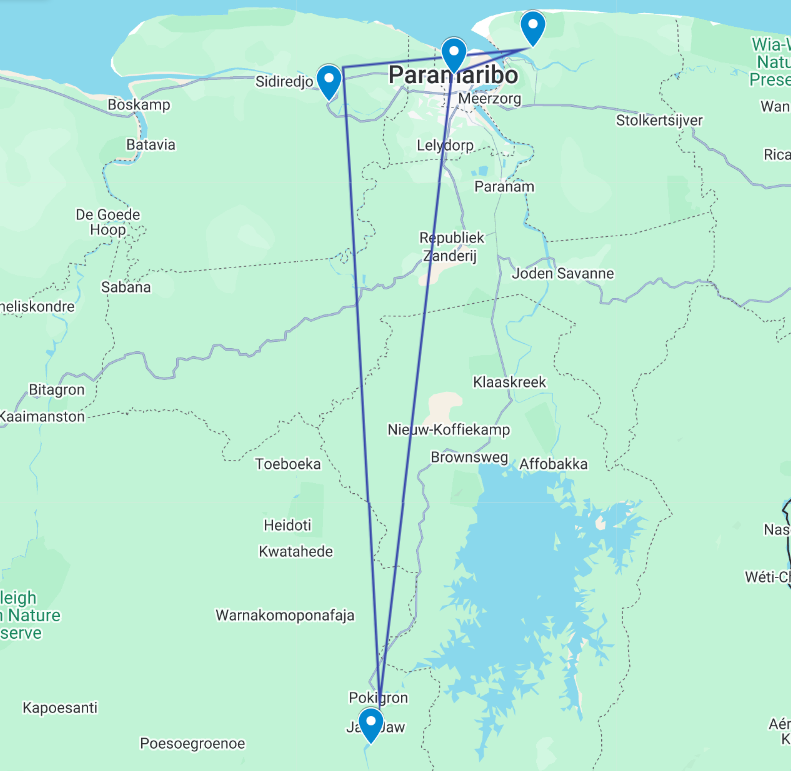 Routekaart van de 16daagse 3-generatie rondreis door Suriname