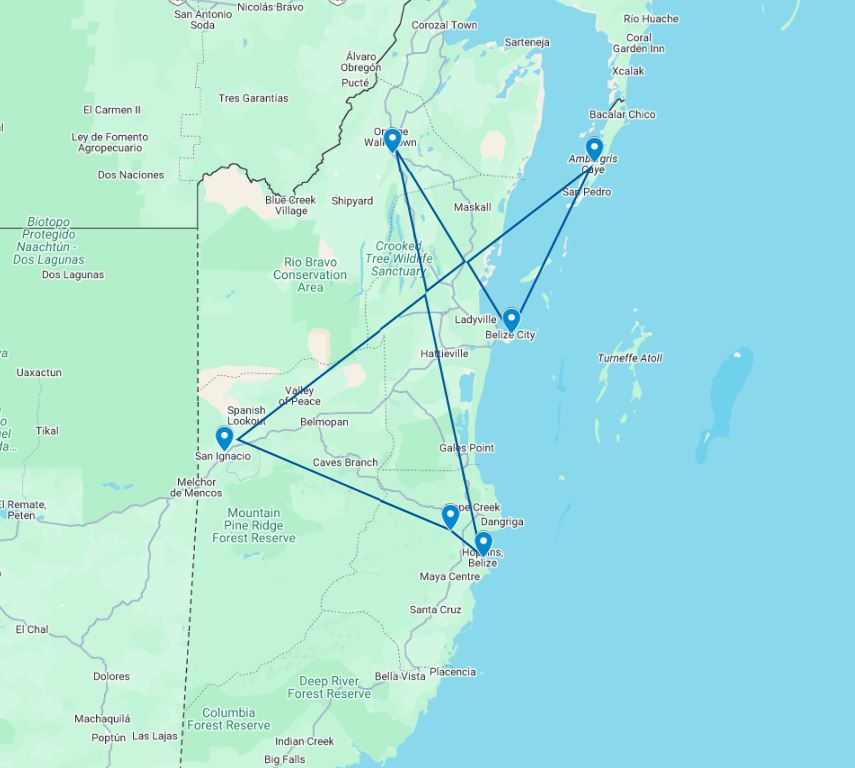 Route kaart van de 2-weekse boetiek rondreis door Belize