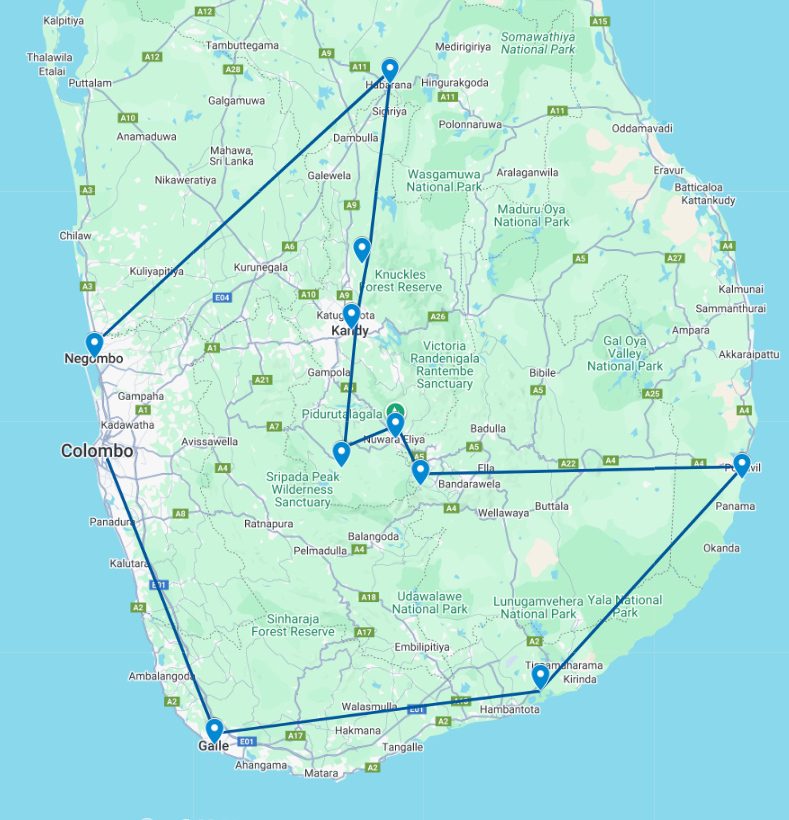Routekaart van de 23daagse off the beaten track rondreis door Sri Lanka