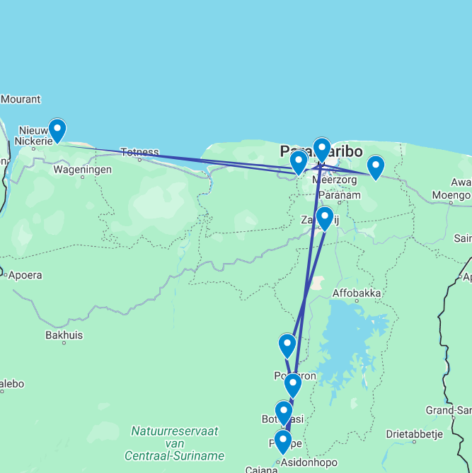 Routekaart van de 18daagse off the beaten track reis door Suriname