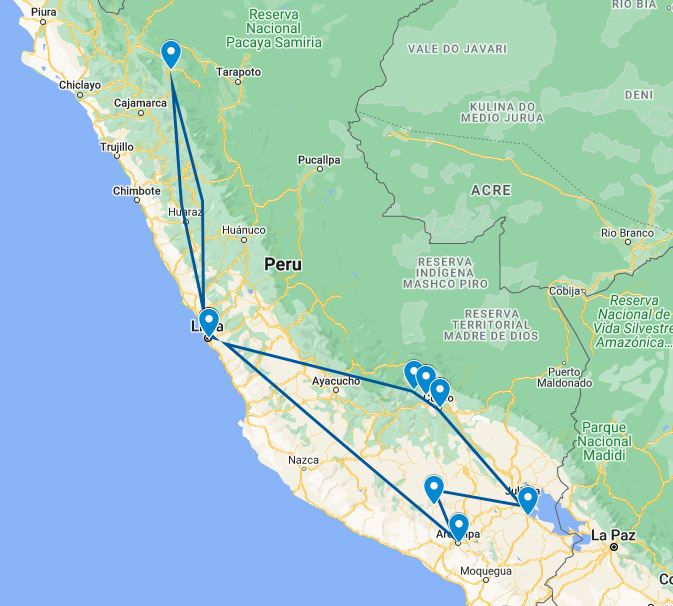 routekaart van 24-daagse rondreis door peru
