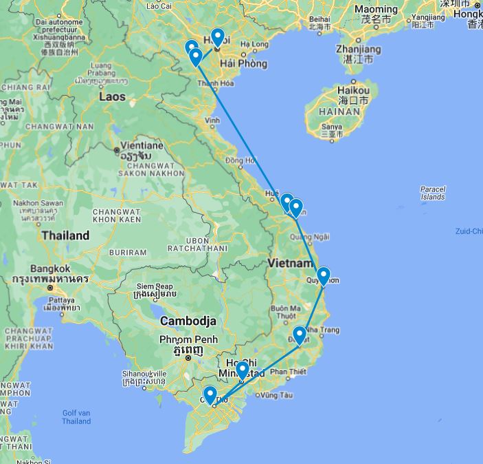 routekaart van de 3 weekse local experiences rondreis door Vietnam