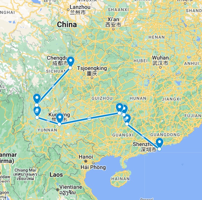 Routekaart van de 3 weekse off the beaten track china rondreis