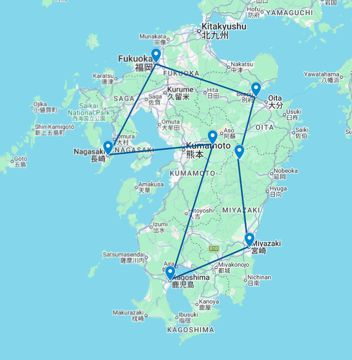 Routekaart van de 15 daagse Kyushu autorondreis door Japan