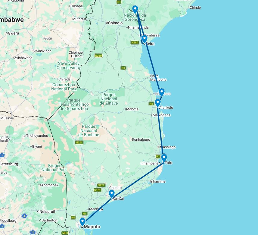 routekaart van de 16 daagse groepsreis door Mozambique