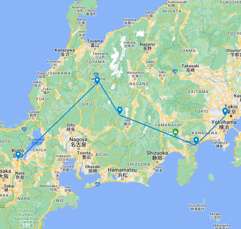 Routekaart van de 2 weekse rondreis door de Japanse Alpen