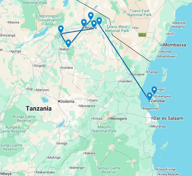 Route kaart van 18-daagse rondreis door Tanzania