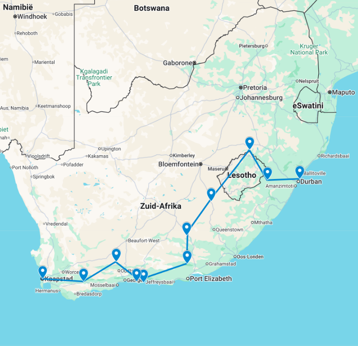 Routekaart van een 24-daagse reis door Zuid-Afrika