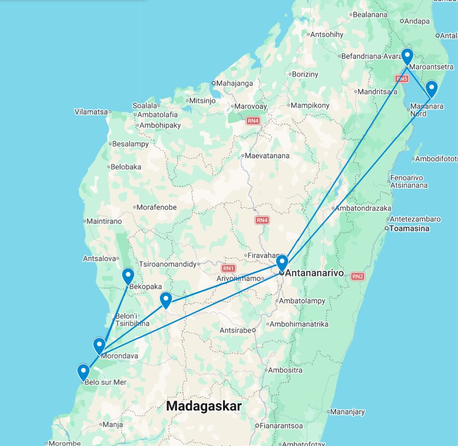 Route kaart van de 23-daagse rondreis door Madagaskar