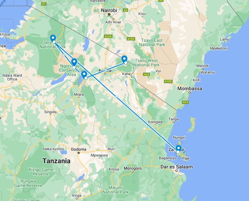 Route kaart van 12-daagse rondreis door Tanzania