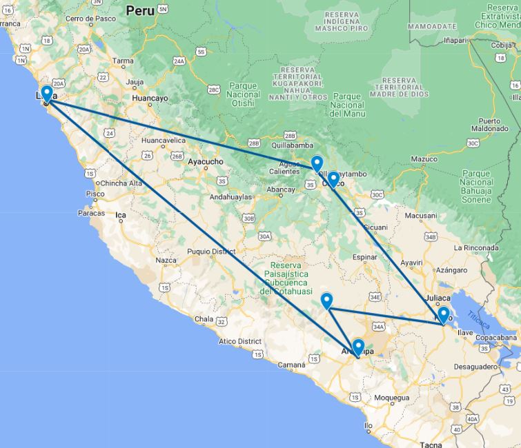 routekaart van de 18 daagse boetiek rondreis door peru