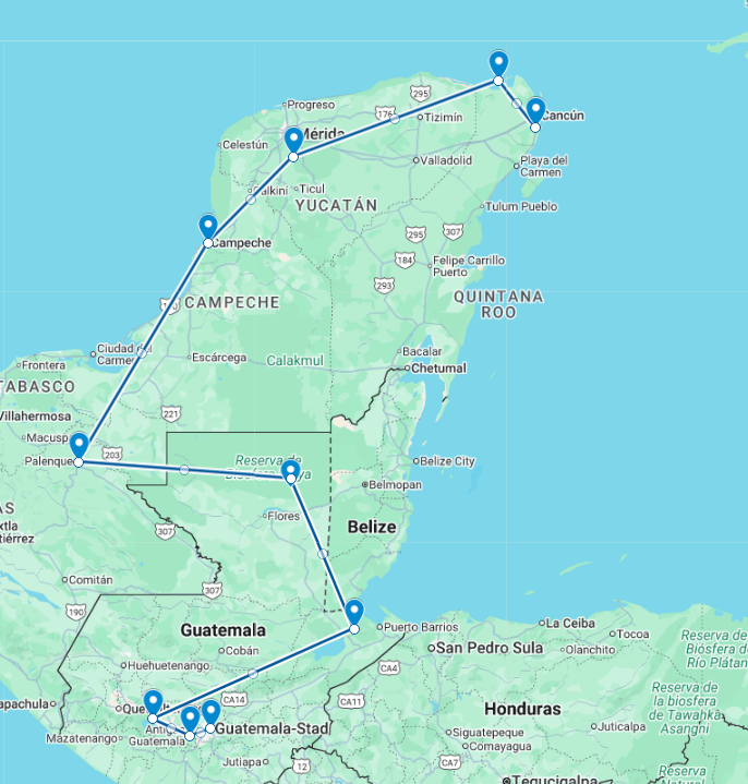 Route kaart van de 20-daagse boetiek rondreis door Guatemala en Mexico