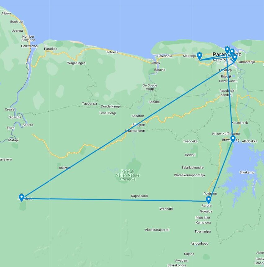 Routekaart van de 16 daagse rondreis door Suriname